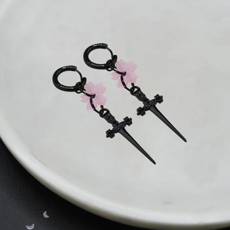 Punk Black Sakura Blade Earrings Gothic Cherry Blossom Sword Pendant Small Hoop Earrings Japanese Jewelry