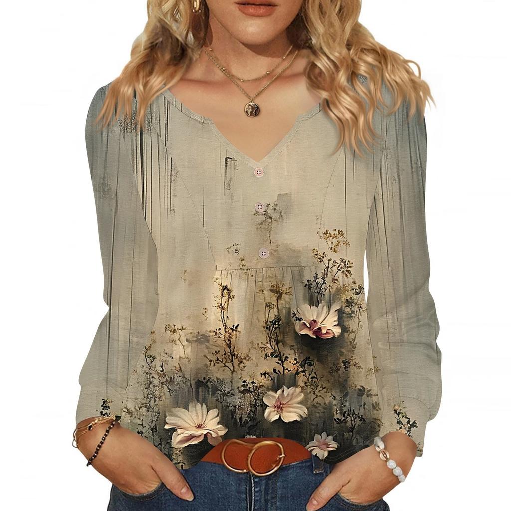 Women's Fashionable Casual V-neck Blouse Button Long-sleeved Pullover T-shirt Top