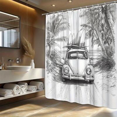 Classic Beetle On Beach Path Shower Curtain - Pencil Drawing, Surfboards, Palm Trees, Ocean Horizon, Machine Washable