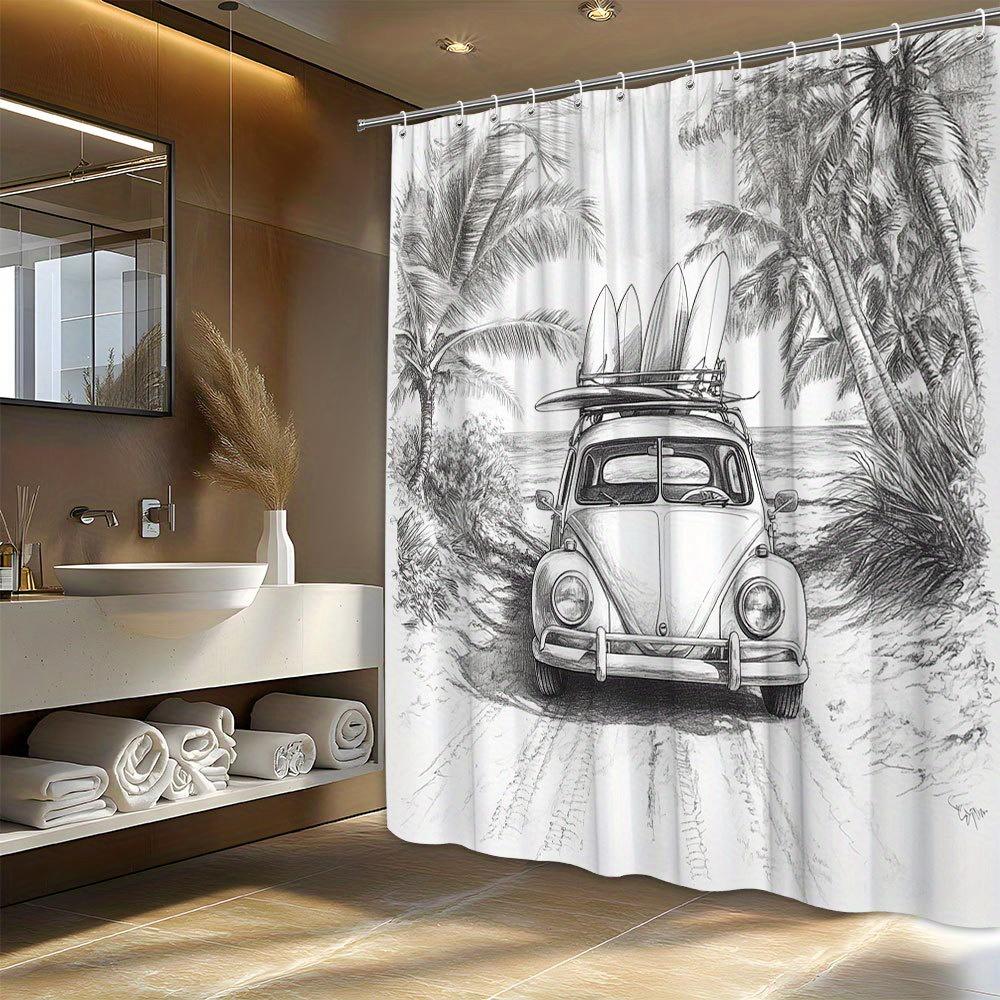 

Classic Beetle on Beach Path Shower Curtain - Pencil Drawing, Surfboards, Palm Trees, Ocean Horizon, Machine Washable 90X180cm