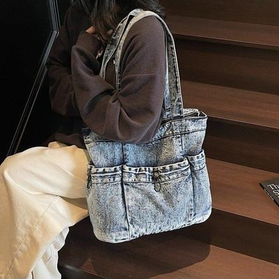 Denim Canvas Tote Bag Underarm Bag Girl Shoulder Handbag Female College Student Class Bag Locomotive Tide Bag