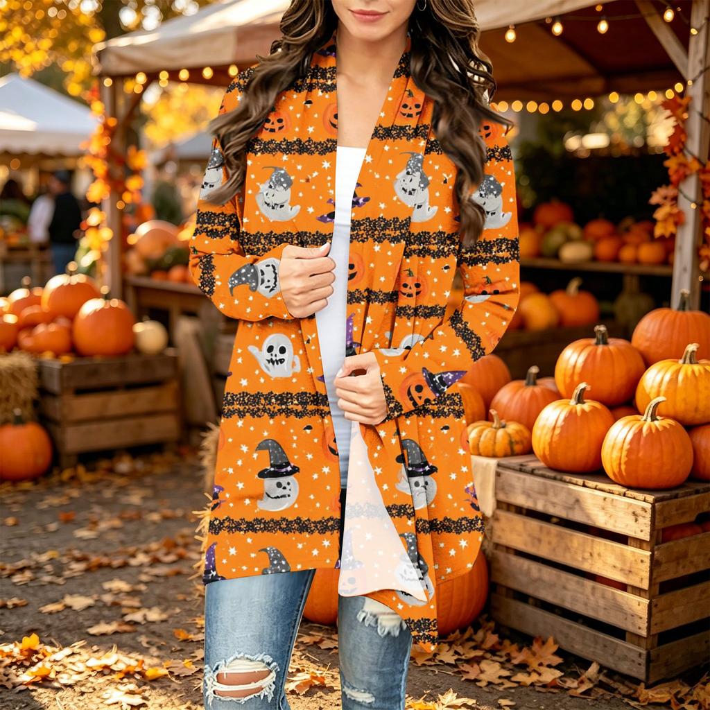 Women's Casual Long Sleeve Cardigan with Halloween Print for Festive Occasions