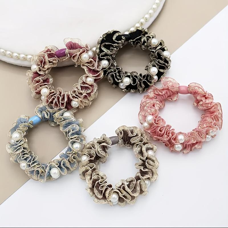 

5Pcs Pearl Fabric Hair Scrunchies, elegant pearl accent hair ties for stylish hairstyles. 5 Pcs