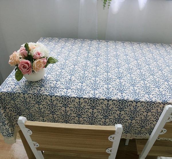 Retro Blue and White Porcelain Table Cloth Lace Rectangular Chinese Style Cotton Print Dinning Table