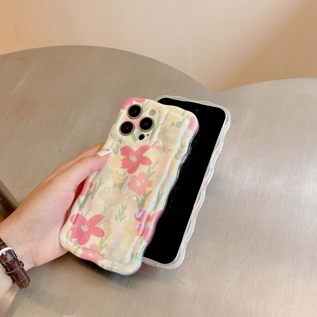 Imd Laser Red Flower 2023 New Wavy Cute Relif Phone Case For Iphone 13 14 Pro Max 11 12 Promax Back Cover Conque Capa