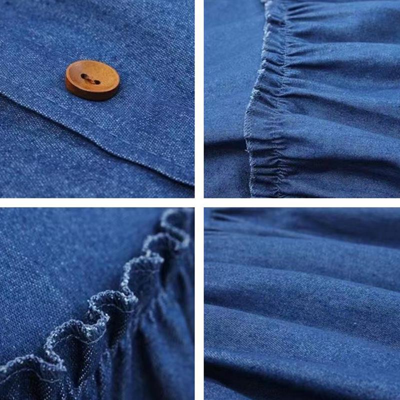 90cm Length Denim Skirts Women's Elastic High Waist Button Shirring Patchwork Ruffle Long Skirt Casual Blue Skirts Streetwear