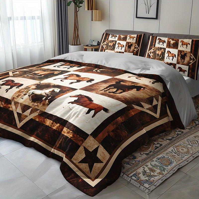 3pcs Brown Horse Ranch Bedding Duvet Cover Set Western Horse Bedding Quilt Set Rustic Horse Themed Bed Quilt Set Patchwork Horse