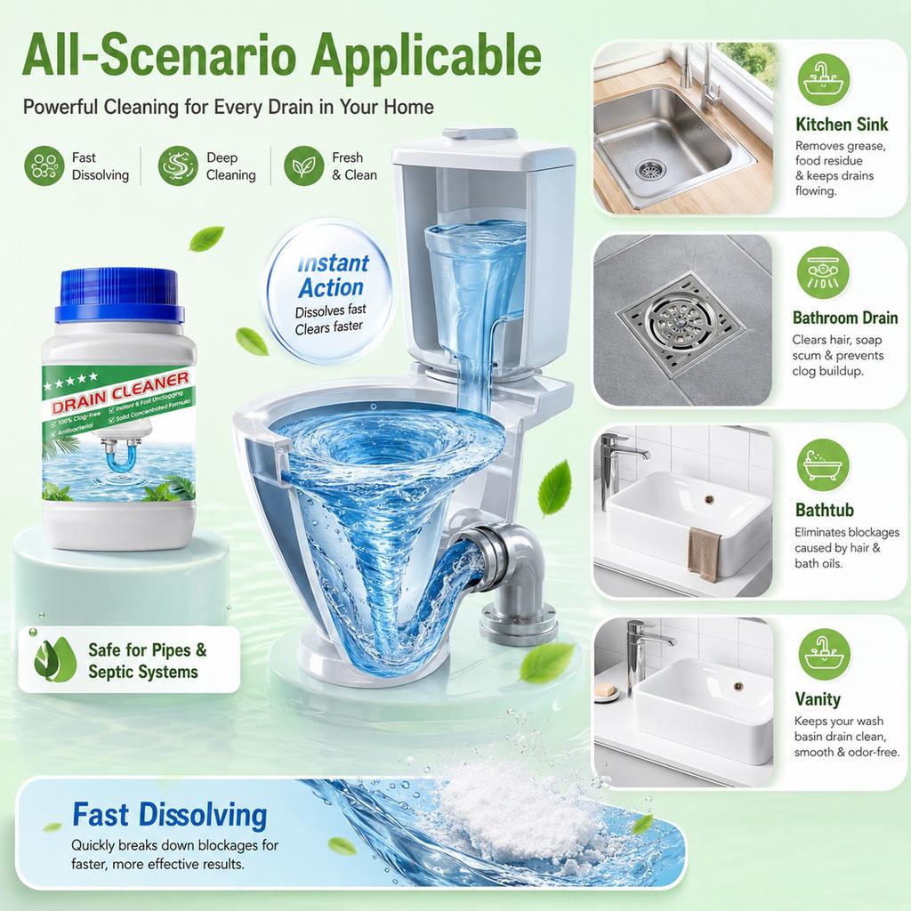 Drain Cleaner Solid Granules 268g Fast Acting Formula for Hair and Grease Clog Removal and Pipe Unclogging Safe for Household Plumbing