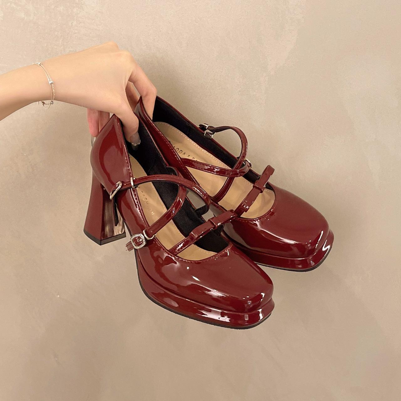 

One-word single shoes high heels with bow not women waterproof table thick heel high heel Mary Jane shoes French tired feet square head 39