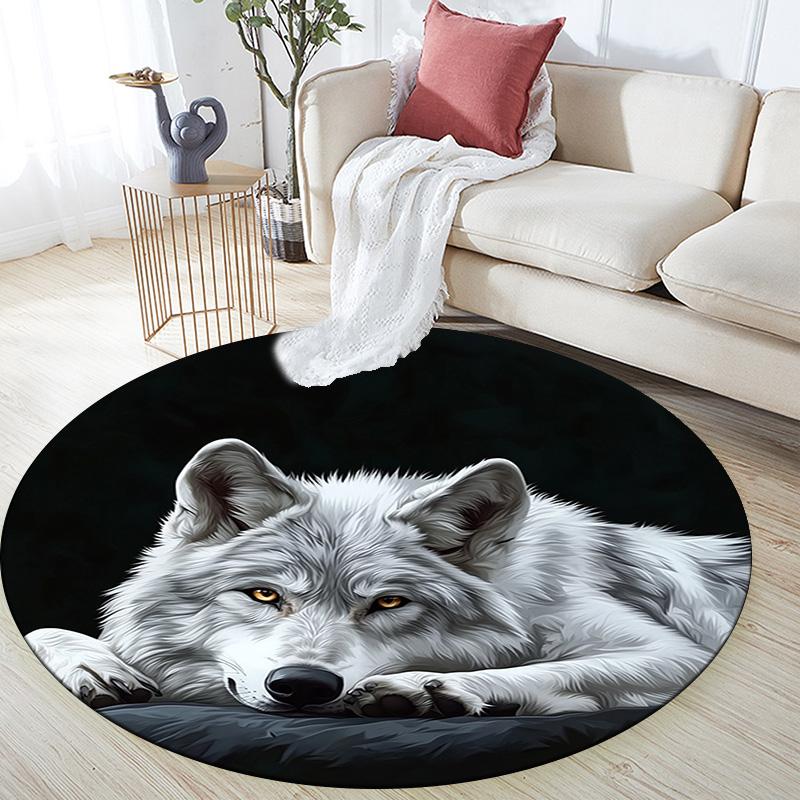 Gray Wolf Round Area Rug,Carpet Rug for Living Room Bedroom Sofa Playroom Decor,Non-slip Floor Mat