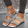 Flat Bottom Large Size Slippers Women's 2025 Summer New One-word Rhinestone Square Head Casual Wear Beach Cool Slippers