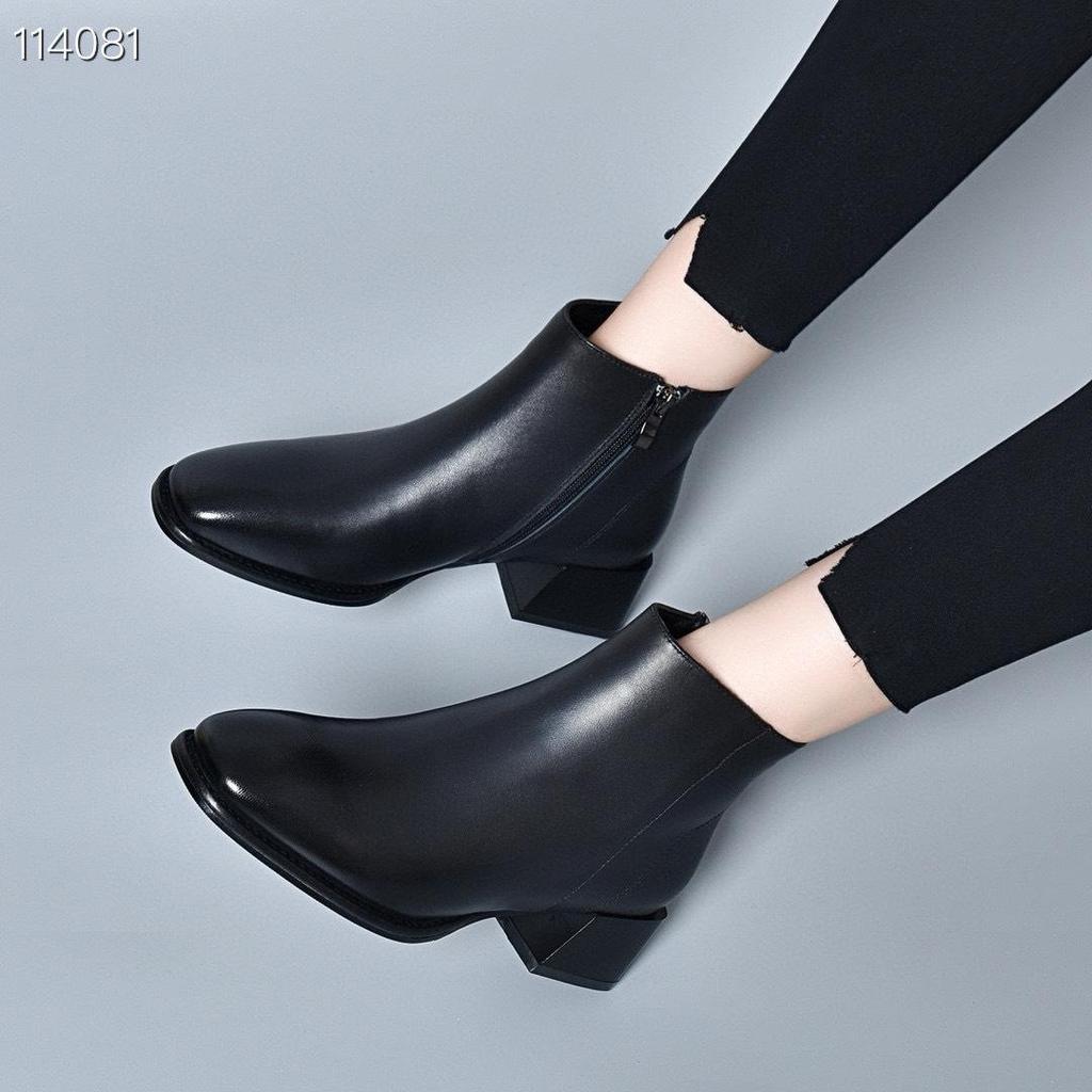 Women's Genuine Leather Pointed Toe Ankle Boots, Medium Chunky Heel, Nude & Coffee, Side Zipper, for Spring, Autumn, and Winter.