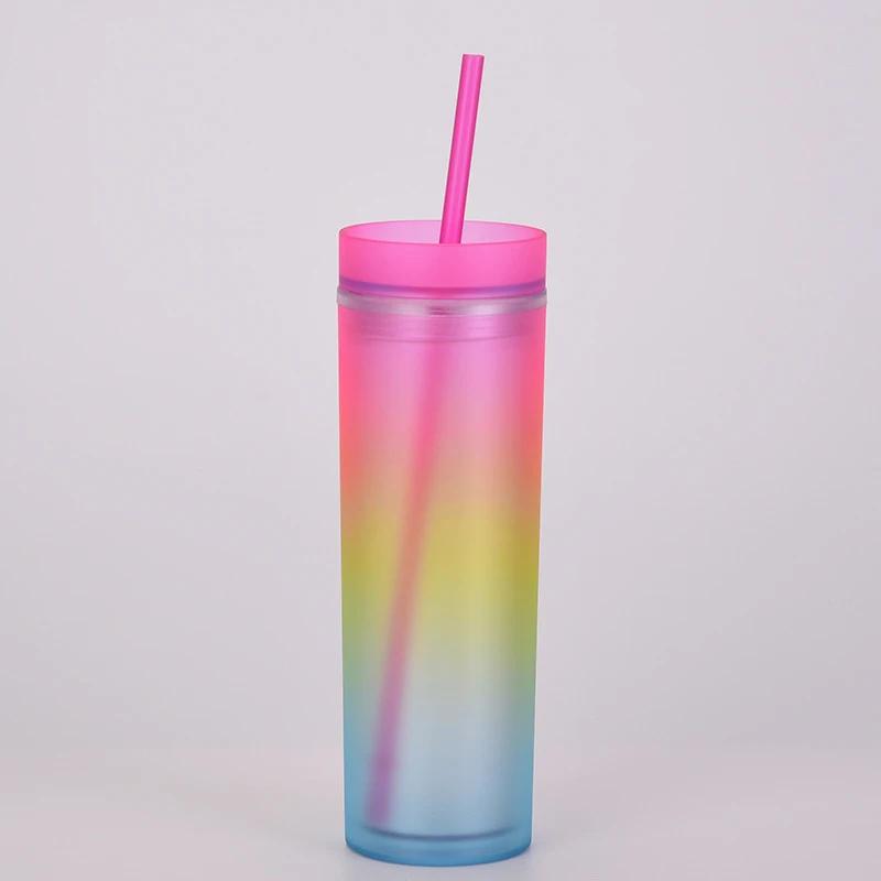 16oz Gradient Rainbow Skinny Tumbler din plastic Sticle de apă Cupă dreaptă, cu două straturi, Curcubeu, cu paie