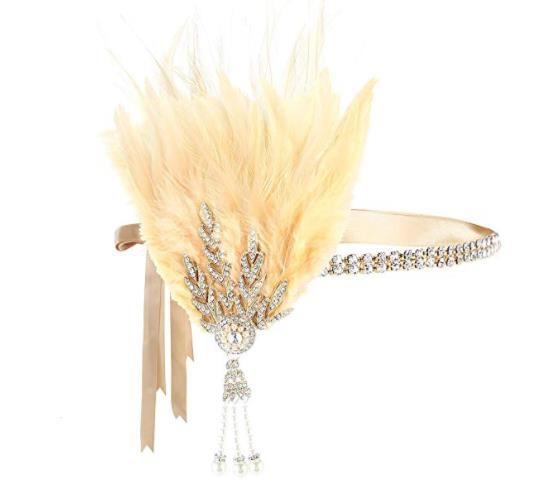 Women Vintage Feather Headband Black Rhinestone Beaded Sequin Hair Band Vintage Headpiece Flapper Feather Headdress