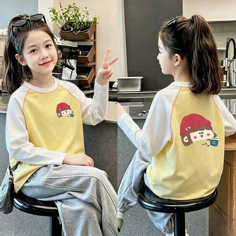 Korean Style Girls' Color Block Long Sleeve T-shirt, 2026 Spring/Autumn, Medium & Large Sizes, Casual Pure Cotton Base Layer