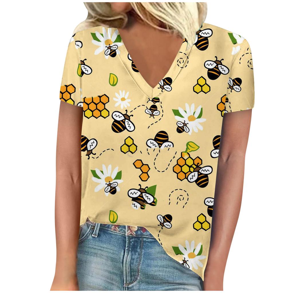 vintage women bee print t shirt short sleeve v neck tops comfortable t-shirts