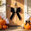 Retro Distressed Skull Accessory Halloween Velvet Bows with Ornaments for Tree Decoration, Black Flannel Skeleton Wall Decor Gothic Bow Hanging
