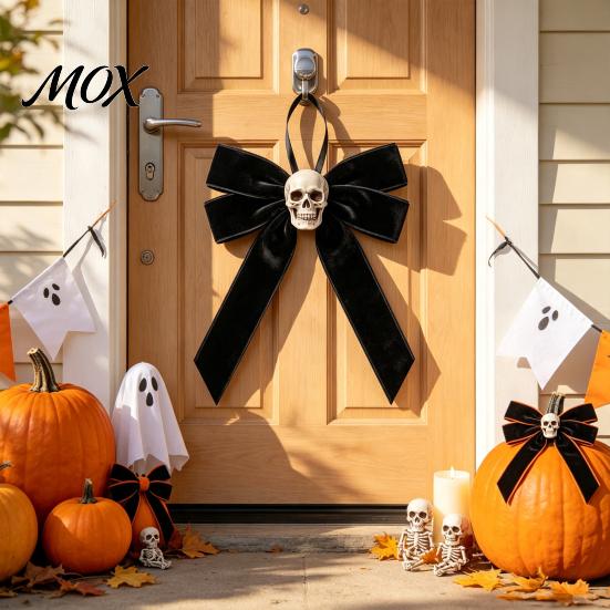 Retro Distressed Skull Accessory Halloween Velvet Bows with Ornaments for Tree Decoration, Black Flannel Skeleton Wall Decor Gothic Bow Hanging