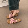 Fashion Bohemian Flat Bottom Woven Cross Strap Slippers Color Blocking Sandals Slipper for Outside Wear Soft Sole Versatile Beach Shoes