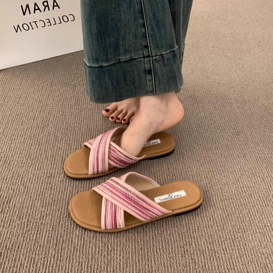 Fashion Bohemian Flat Bottom Woven Cross Strap Slippers Color Blocking Sandals Slipper for Outside Wear Soft Sole Versatile Beach Shoes