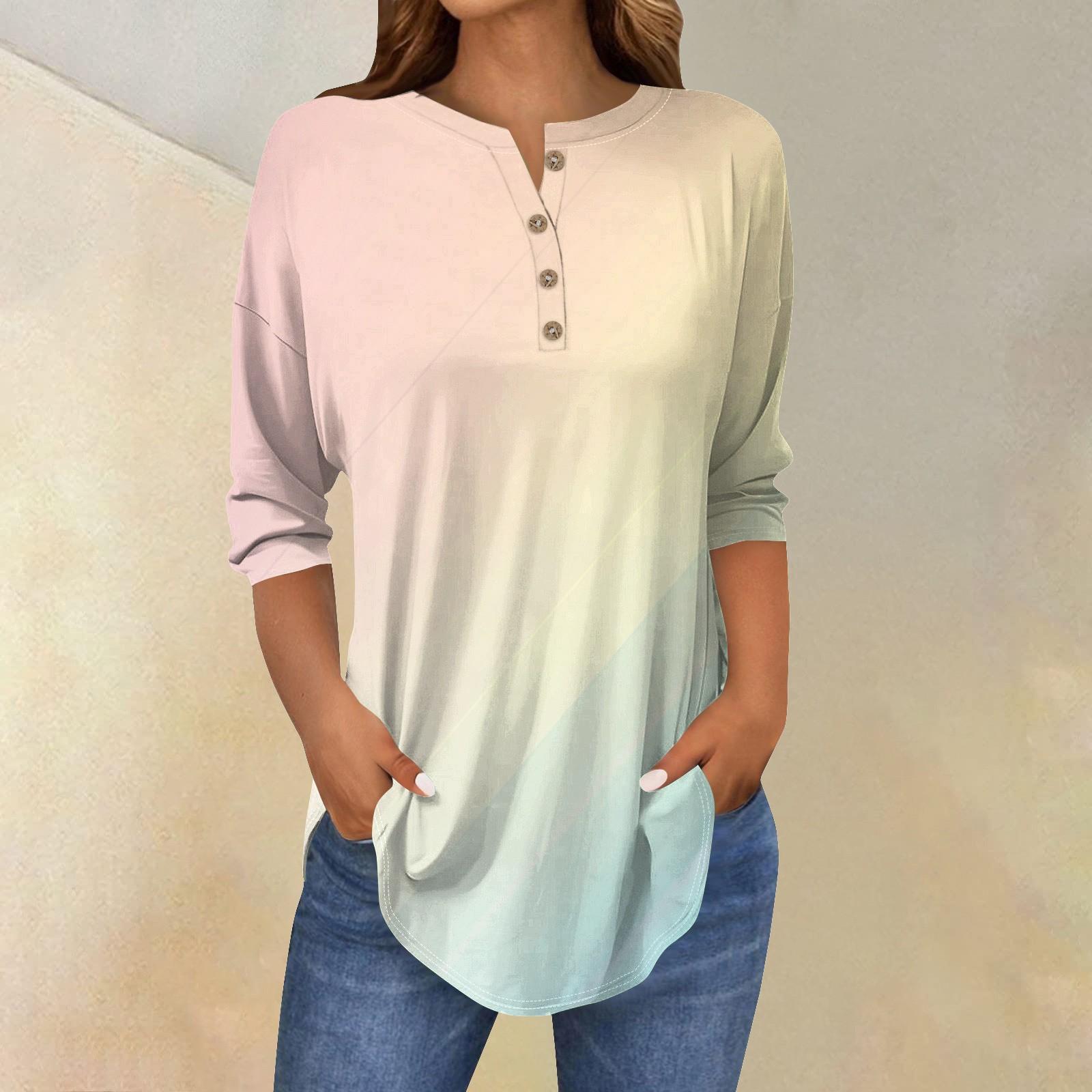

Women s Fashion Casual Three-quarter Sleeve Gradient Printed Round Neck T-shirt Top S бежевый