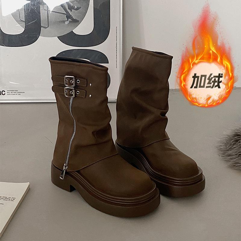 Brown Slim with Skirt Thick-soled British Martin Boots Women's 2025 New Autumn Small Thick Heel Short Boots