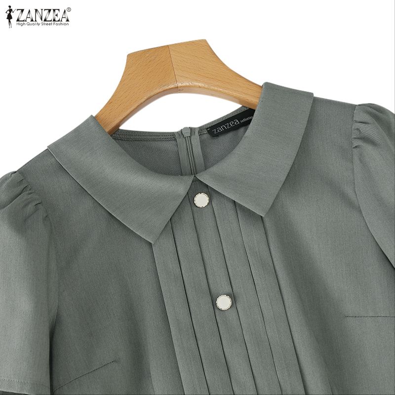 ZANZEA Womens Casual Lapel Collar Solid Color Short Sleeve Elegant A-line Dress