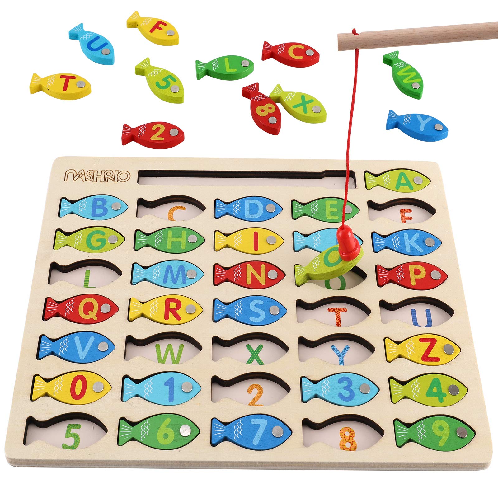 Magnetic Wooden Fishing Game Toy for Toddlers, Alphabet Fish Catching Counting Games Puzzle with Numbers and Letters, Preschool Learning ABC Math разноцветный