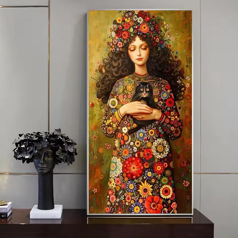Creativity Beauty Women and Black Cat Canvas Paintings Wall Art Posters and Prints for Living Room Abstract Home Decor Mural