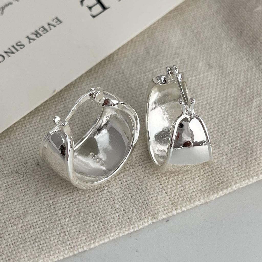 925 Silver Vintage Earrings For Women Trendy Wide Smooth Earring Jewelry Prevent Allergy Party Accessories Gift