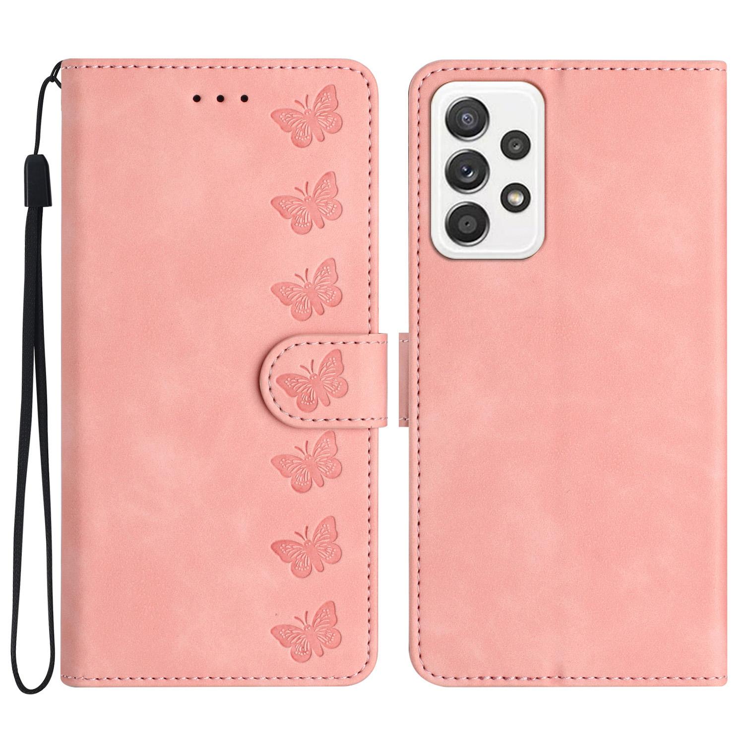 

For Samsung Galaxy A52 5G/A52 4G/A52s 5G Drop-proof Butterfly Imprinted Shell Leather Wallet Stand Phone Case Pink