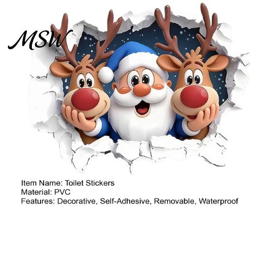 Reindeer Bathroom Decorations Christmas Santa Claus And Elk Toilet Stickers, 3D Wall Breaking Decals, Durable Waterproof Stickers PVC Decorative
