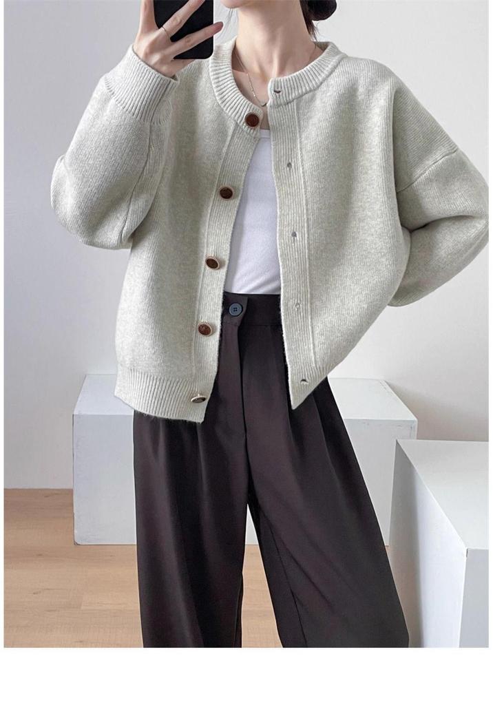 Thick Knit Single-Breasted Solid Color Cardigan - Loose Fit, Round Neck