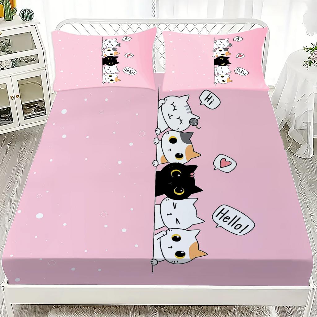 3pcs Cartoon Fitted Sheet Set Pink Cute Cat Claws Print 100% Polyester Breathable Bedding Set for Home Decor with 2 Pillowcases