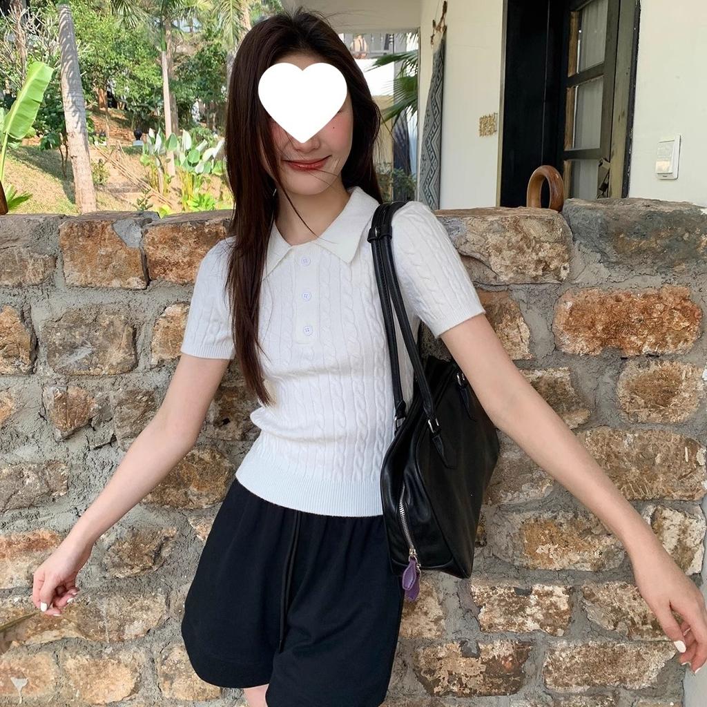 1116 new summer new polo neck knitted sweater women's short-sleeved twist retro short ice silk knitted sweater