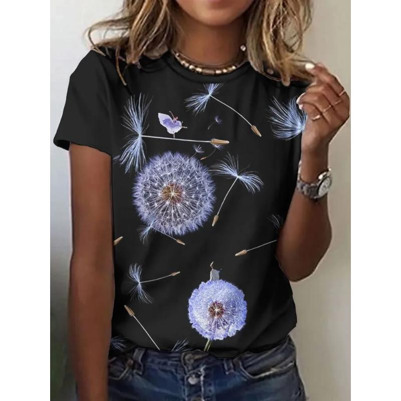 Dandelion Short Sleeve Fashion Women's Crew Neck T-Shirt 3D Dandelion Color Printing Crew Neck Short Sleeve