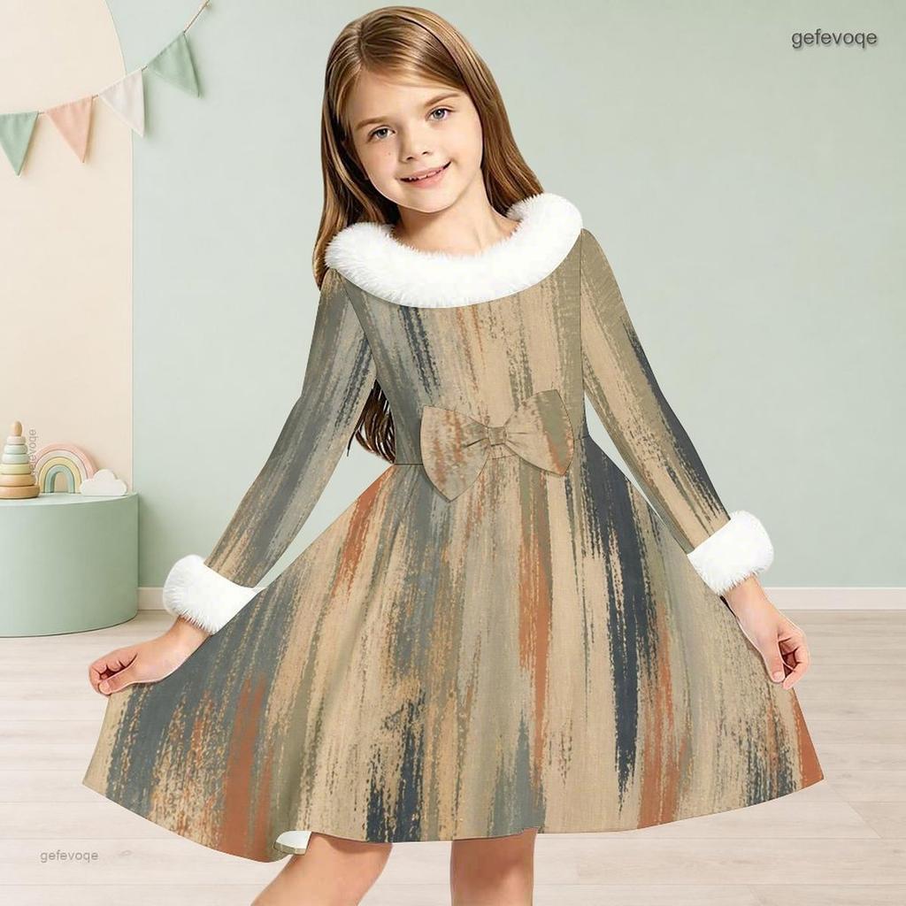 Girls High Neck Long Sleeve Printed A Line Flare Dress Blue Green Furry Trim Bow