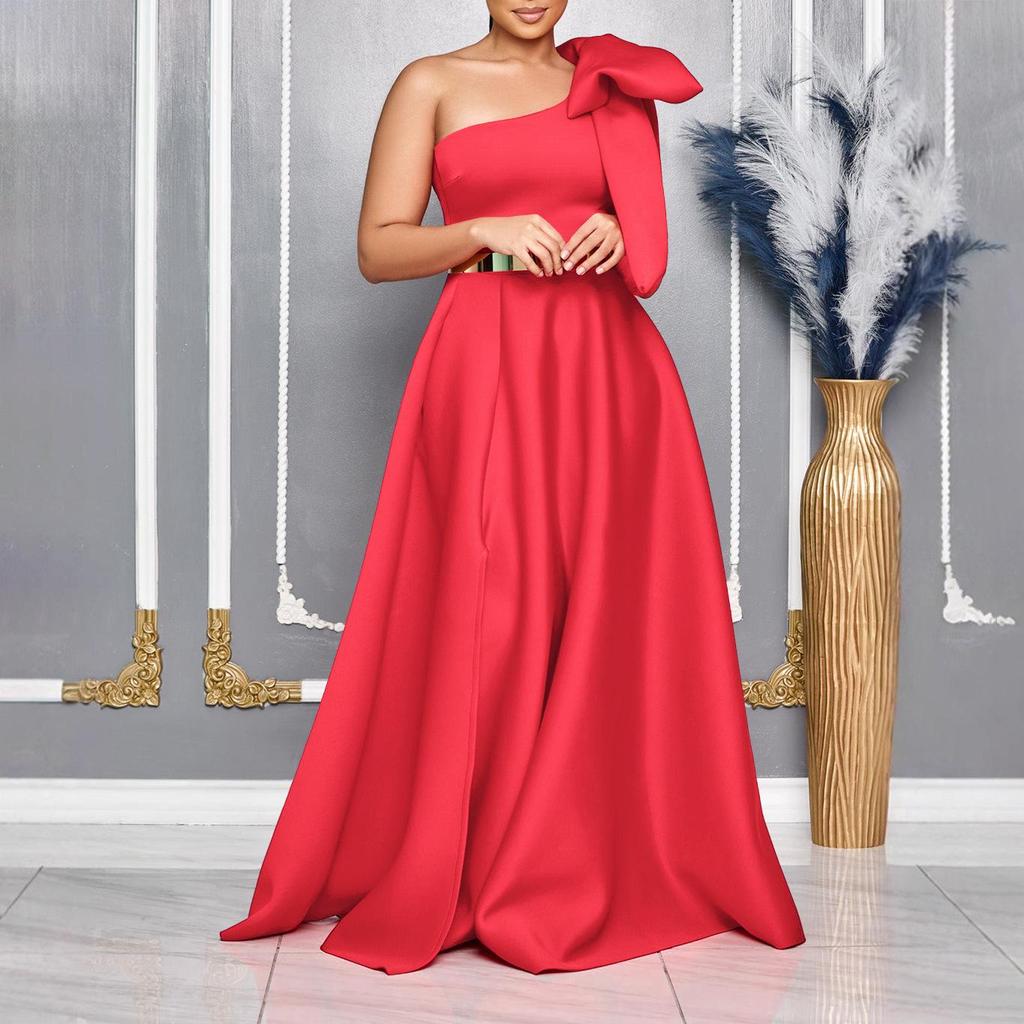 C8613 Elegant European and American Summer One-Shoulder Bow Long Evening Dress