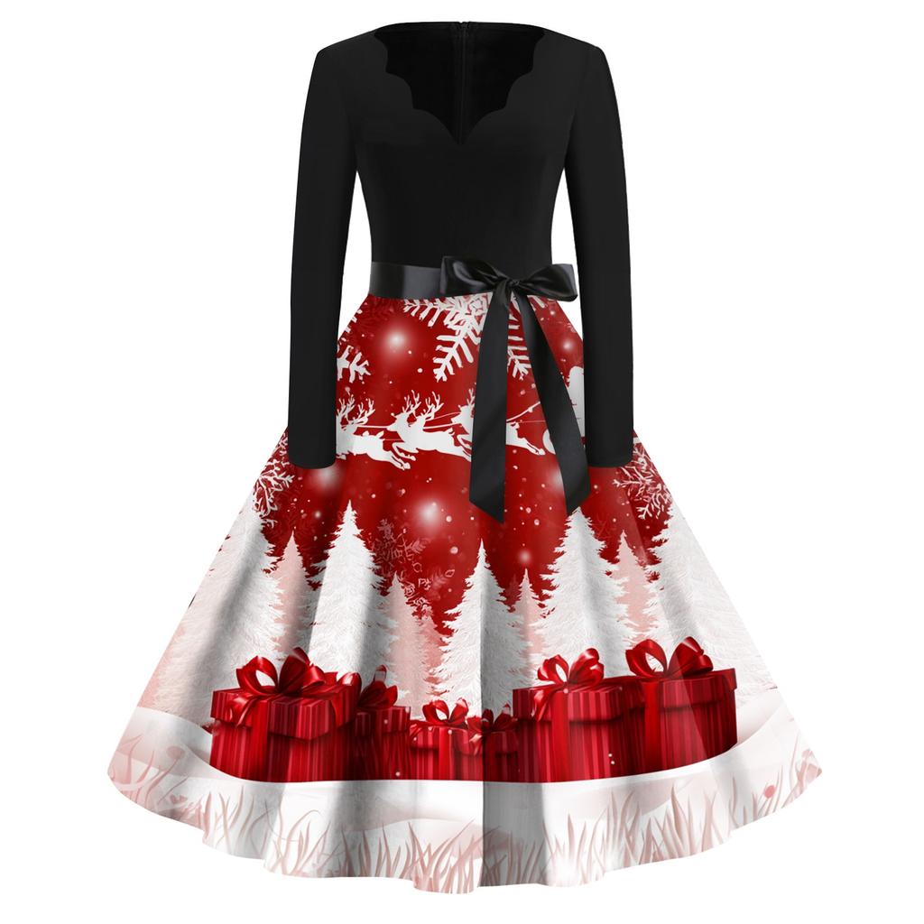 Women's Casual Christmas Print V-Neck Vintage Dress for Holiday Parties and Everyday Wear