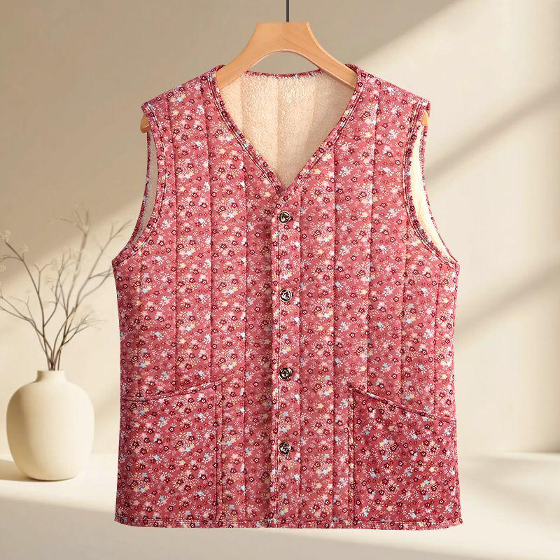 Květinová fleecem podšitá teplá vesta pro ženy středního a staršího věku