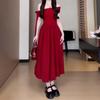 French one-word shoulder off-the-shoulder red dress women's summer new small beautiful puffy bud dress