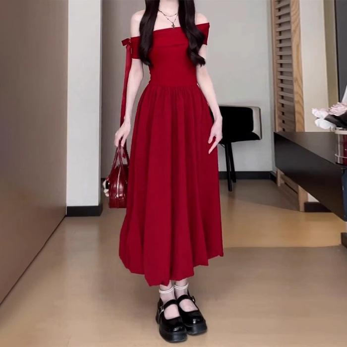 French one-word shoulder off-the-shoulder red dress women's summer new small beautiful puffy bud dress