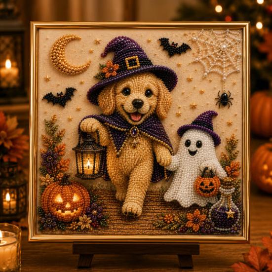 Seasonal Home Decor Projects Halloween Faux Pearl Painting Kit, Puppy Art DIY Witch Stress Relieving Hobbies Hat Bead Craft Kit for Adults And Teens,
