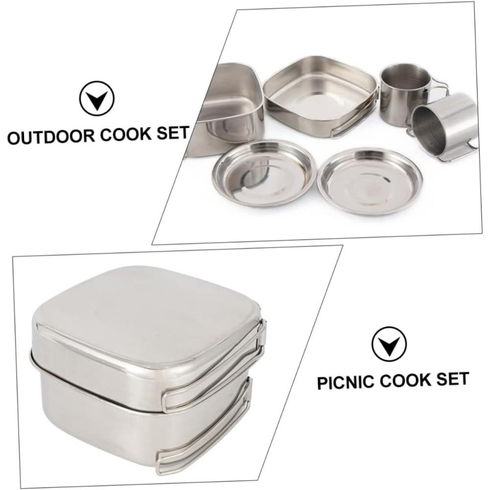 Camping 6-piece tableware set, cooking kit, lightweight stainless steel cookware, foldable pot, bowl and cup set