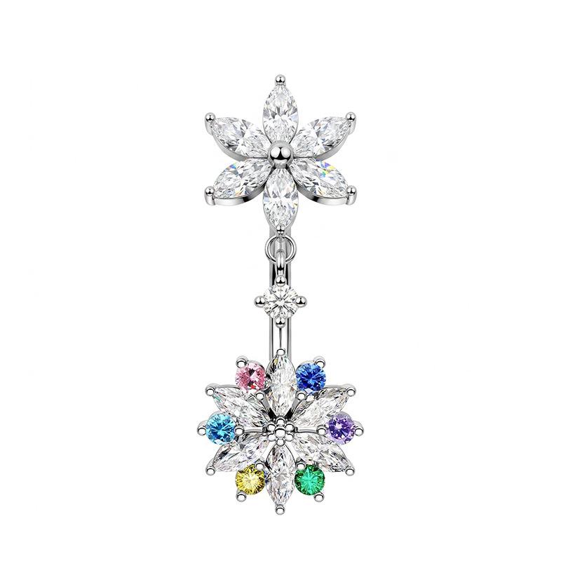 Hypoallergenic Stainless Steel Belly Button Ring Shiny Flower Heart Dangle Fadeless Navel Jewelry for Summer Daily Outfit Matching