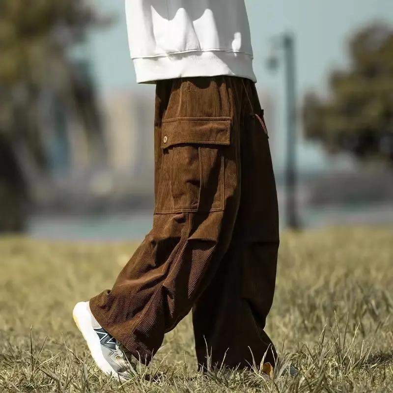 Autumn Winter Straight Leg Wide Leg Pants Vintage Brown Corduroy Pants Men's Loose-fit Drawstring Ankle Casual Pants
