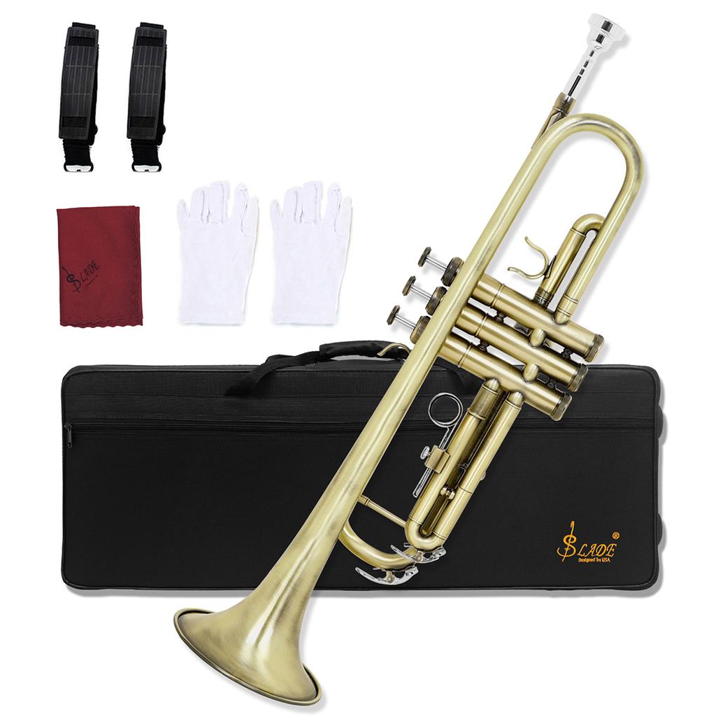 Bb Trumpet B Flat Brass body Trumpet Performance Beginners Pro Brass Musical Instrument with Straps Gloves Wipping Cloth Parts