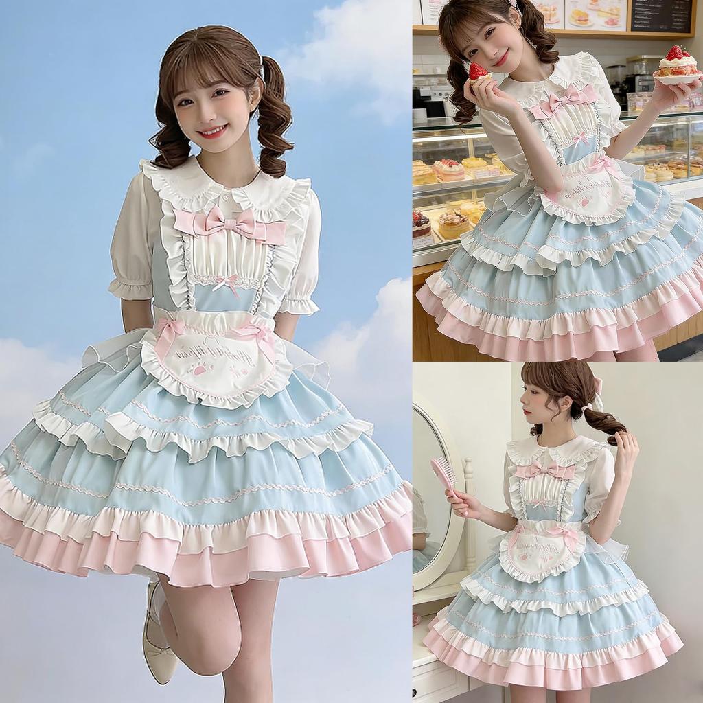 Lolita Idol Kostüm JSK Kurzarm Mori Prinzessin Süß Mittel [FULINE] 5-teiliges Set, Kleid, Hemd, Band, verträumt, Mädchen, Rüschen, Spitze, Stil,