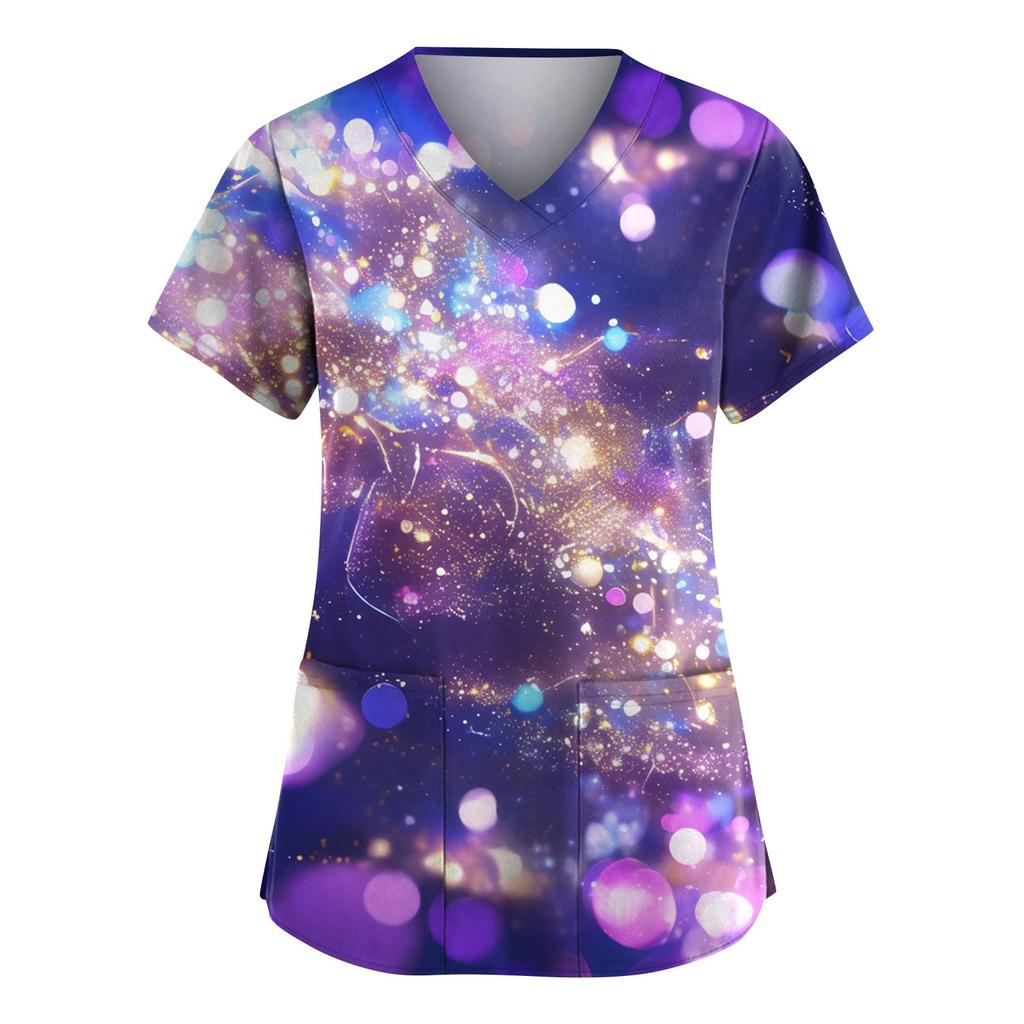 Women's Fashion V-Neck Short-Sleeved Workwear With Pockets Carnival Print Top Caregiver Uniform