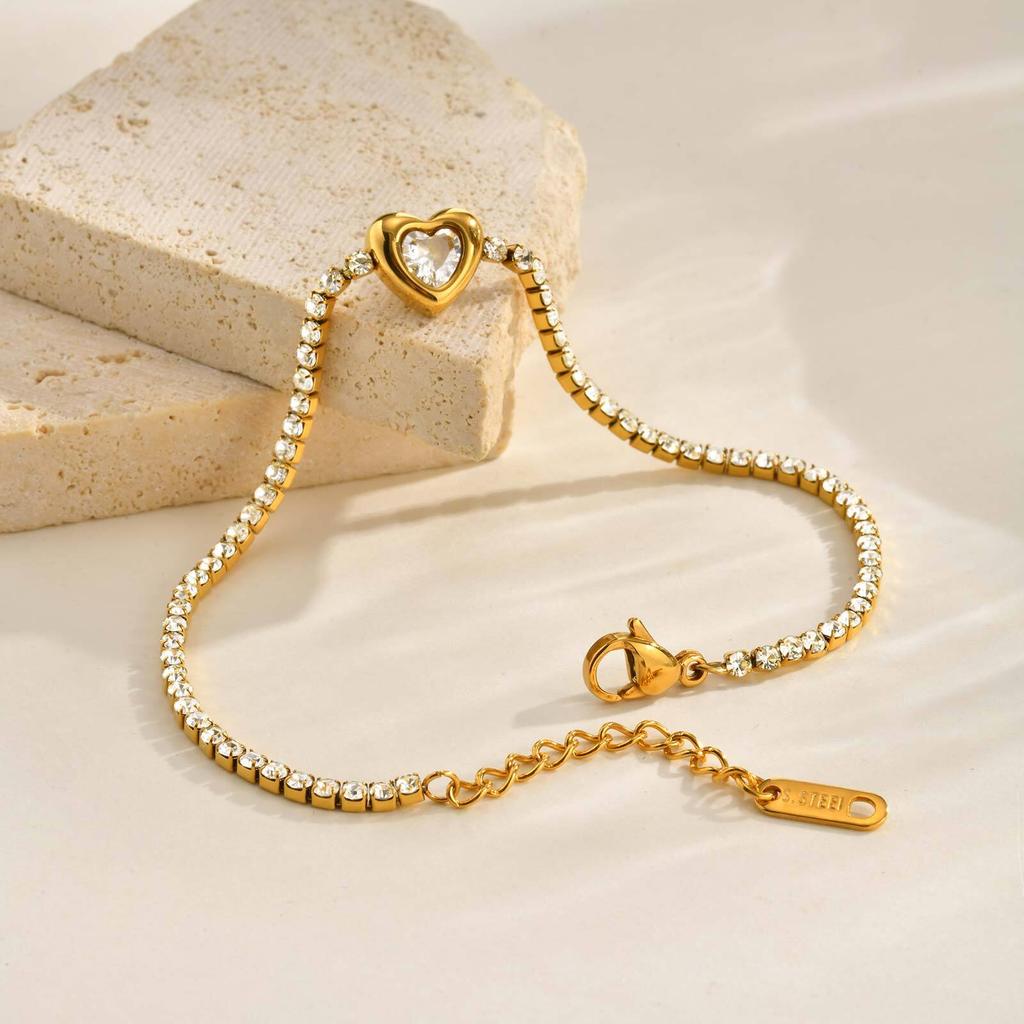 Vnox Heart-shaped Shiny ZC Stones Chain Bracelet, Simple Stainless Steel White Strap Wristband, Love Romantic Hand Jewelry Gifts